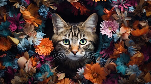 A cute cat peeks out from a hole in a wall, surrounded by a variety of flowers.