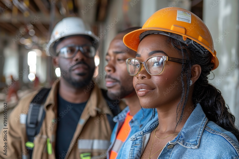 Poster two construction professionals are engaged in a discussion with a blurred face over a busy construct
