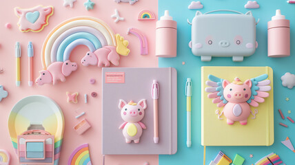 Pastel-colored kawaii stationery and accessories with pig and rainbow motifs.