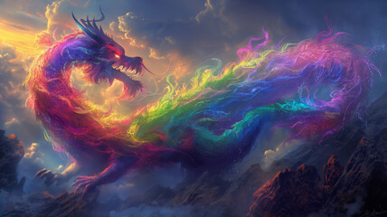 Ethereal dragon made of cosmic lights swirls amidst clouds above mountains.