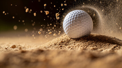 Golf ball making impact with sand, creating a dynamic explosion of particles, in close-up detail.