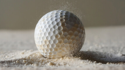 Golf ball hitting the sand in a bunker, with grains of sand flying around, captured in a close-up shot.