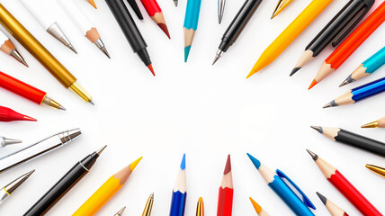 Assorted pens and pencils arranged in a circular pattern on a white background.