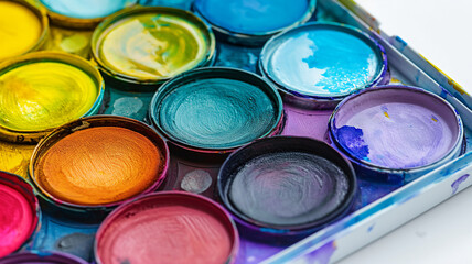 Vibrant watercolor paints in a palette, showing rich pigments and use.