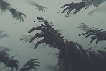 Multiple foggy hands reaching out from the mist, monochrome, in the style of creepy background.