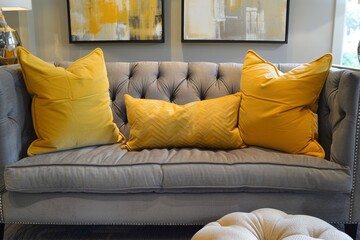 Ein graues Sofa mit gelben Kissen 