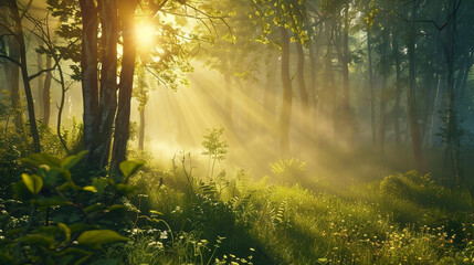 A serene forest glade at dawn, sunlight filtering through misty trees.