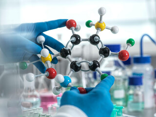 Scientist holding a molecular model in a laboratory.