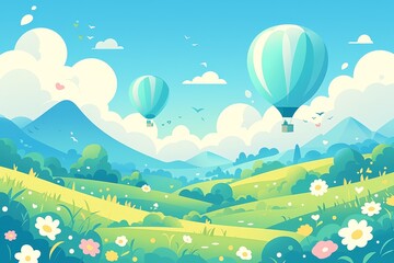 hot air balloons flying over green mountains, with clouds and sun in the sky. The colors include shades of teal blue and yellow, creating an atmosphere