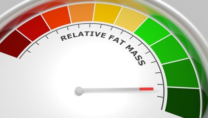 Relative fat mass good level on measure scale. Instrument scale with arrow. Colorful infographic gauge element. Healthy life information. 3D render