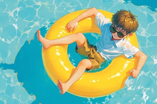 boy wearing sunglasses and shorts, sitting on a yellow swim ring in a pool with blue water. 