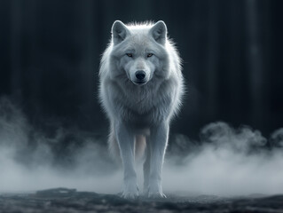 white wolf in the forest with fog