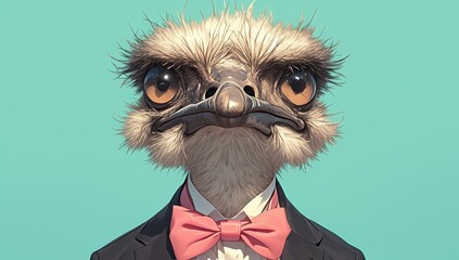 ostrich wearing black tuxedo and pink bow tie