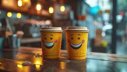 Warm, inviting image of two yellow coffee cups with cute smiley faces on a wooden surface in a café with bokeh lights