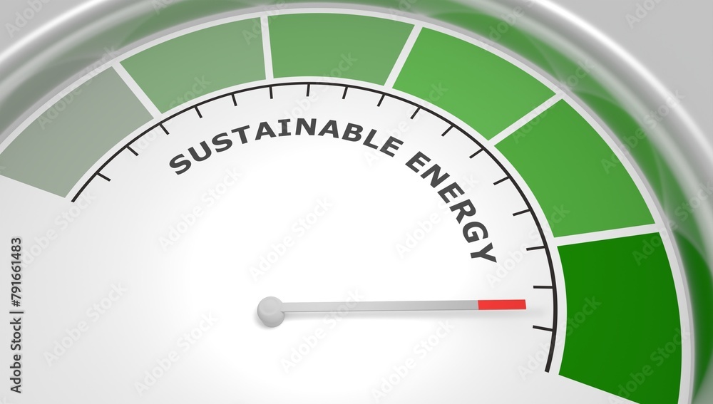 Poster sustainable energy value measuring device with arrow and scale. 3d render