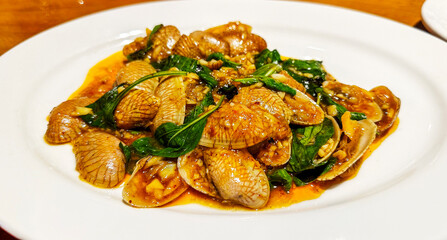 Spicy Thai food with seafood on a plate