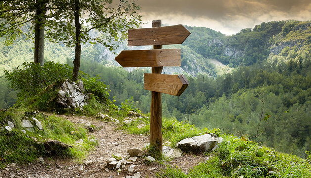 wooden direction sign in a beautiful mountainous area, at a crossroads