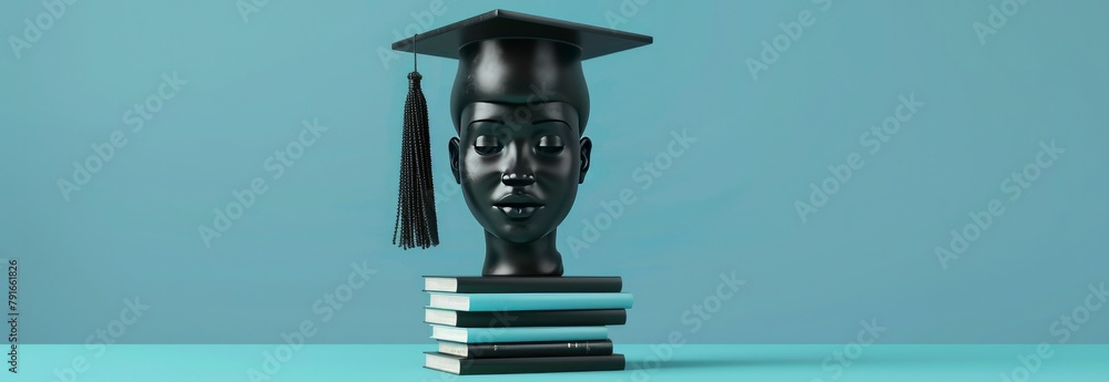 Poster black marble sculpture female head in graduation cap with tassel and stack books on pastel blue back - Posters