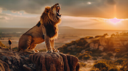 Lion sitting on rock at sunset in the savanna, with a majestic expression, in warm colors, digital art, animal, wildlife, realism,