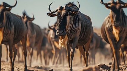 Herd of Wildebeests Migrating Across the Serengeti Plains, Kicking Up Dust as They Move in Search of Fresh Grazing Grounds





