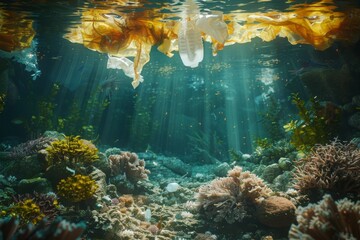 Plastic debris and a discarded bag floating in ocean water over a reef, showcasing pollution.