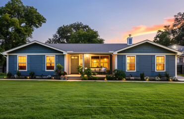  the exterior of a single family house in Texas at dusk, focusing on one side that has been renovated with modern grey walls and shingle roof material. The large backyard has green grass and lighting 
