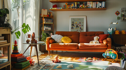 A living room with childrens toys