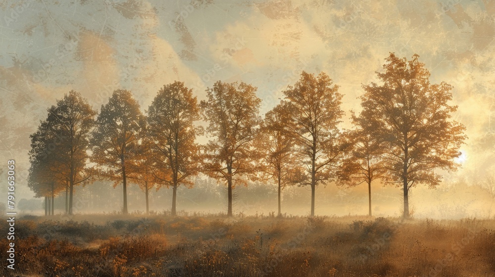 Poster sun setting behind trees in a field