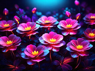 neon bright flowers, dark gradient background, AI generated