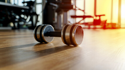barbell or dumbbell in the gym in the sunlight
