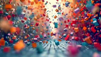 A colorful background with many colorful cubes falling.