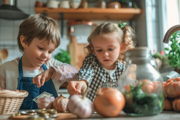 Family kitchen activity with children learning to save money.