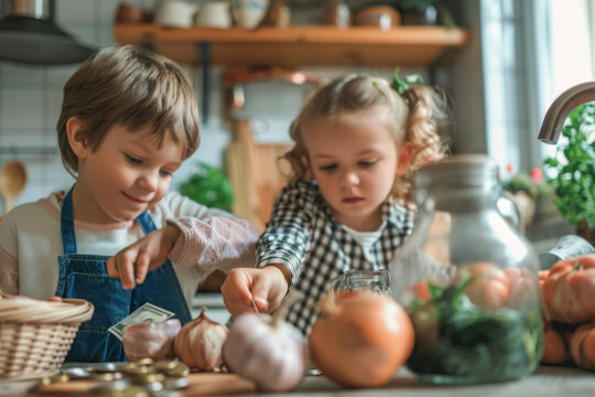 Family kitchen activity with children learning to save money.