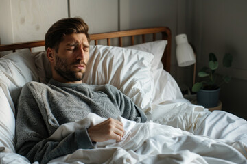 Man taking care of his health with a temperature check in bed.
