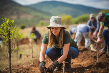 Volunteer in hat planting young tree in reforestation project