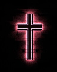 Neon shine christian cross on brick wall. Religion concept illustration. 3D render