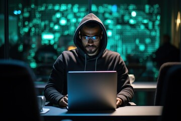 Focused man in hooded sweatshirt programming late at night