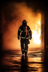 Fototapeta na wymiar Silhouette of firefighter against fiery background