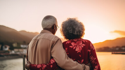Elderly couple embracing sunset seaside view