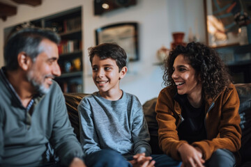 Fototapeta premium Family engaging in a heartfelt conversation in the living room.