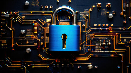 security concept. the lock is closed against the electronic circuit board tracks.