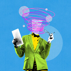 Project manager in green jacket and doodles over head checking projects, working on tasks....