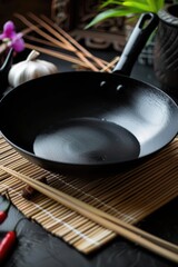 A black frying pan sitting on top of a bamboo mat. Perfect for kitchen and cooking concepts