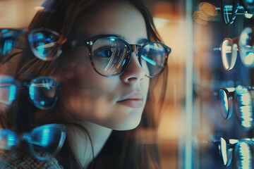 portrait of beautiful woman choosing eyeglasses in the optical shop - obrazy, fototapety, plakaty