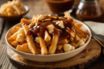 Brown gravy is poured over French fries and cheese curds in the Canadian poutine cuisine. Generative Ai.