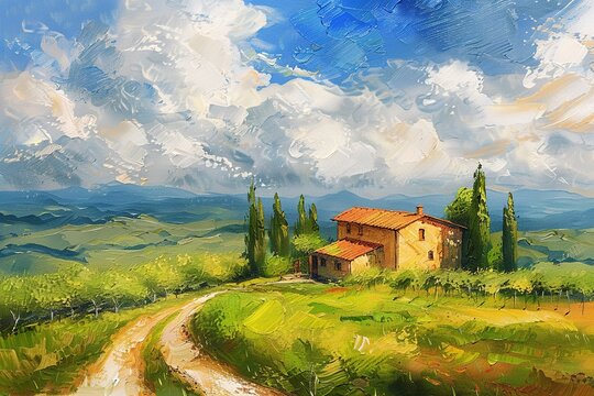 Beautiful summer Landscape in tuscany in oil painting style
