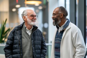 Two senior men, one African-American and one Caucasian, share a genuine laugh and smile together during a friendly conversation