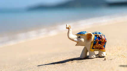 figurine of an elephant on a sandy beach by the sea