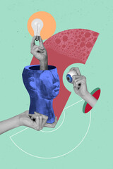 Collage picture exclusive artwork of a weird surreal statute hand hold lamp bulb energy power...
