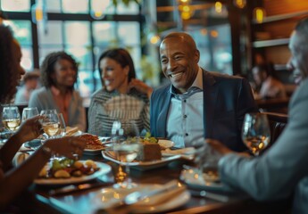 A cheerful man in a suit enjoys a sociable moment with friends during a restaurant dinner